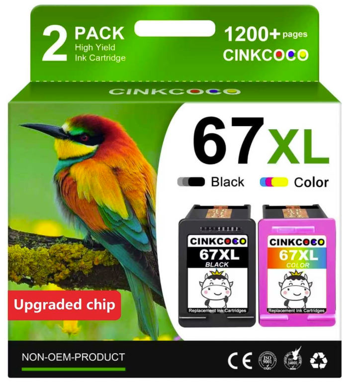 CINKCOCO 67XL Ink Cartridges, Black & Tri-Colour, 2-Pack
